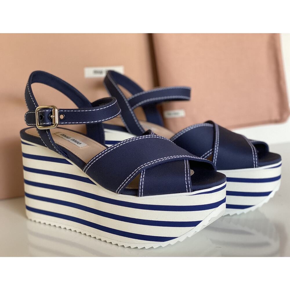 NIB $750 MIU MIU Women's Platform Wedge Blue Sand… - image 1